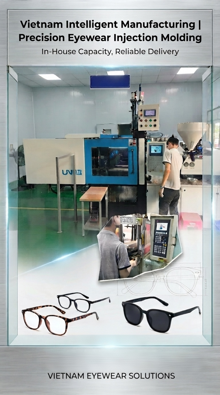 Présentation de notre atelier de moulage par injection de précision intelligent et autonome dans notre centre de fabrication de lunettes au Vietnam.